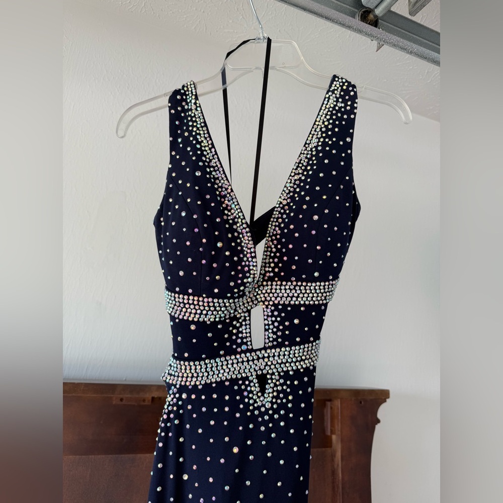 Jovani Navy Blue Dress with Rhinestone Embellishments